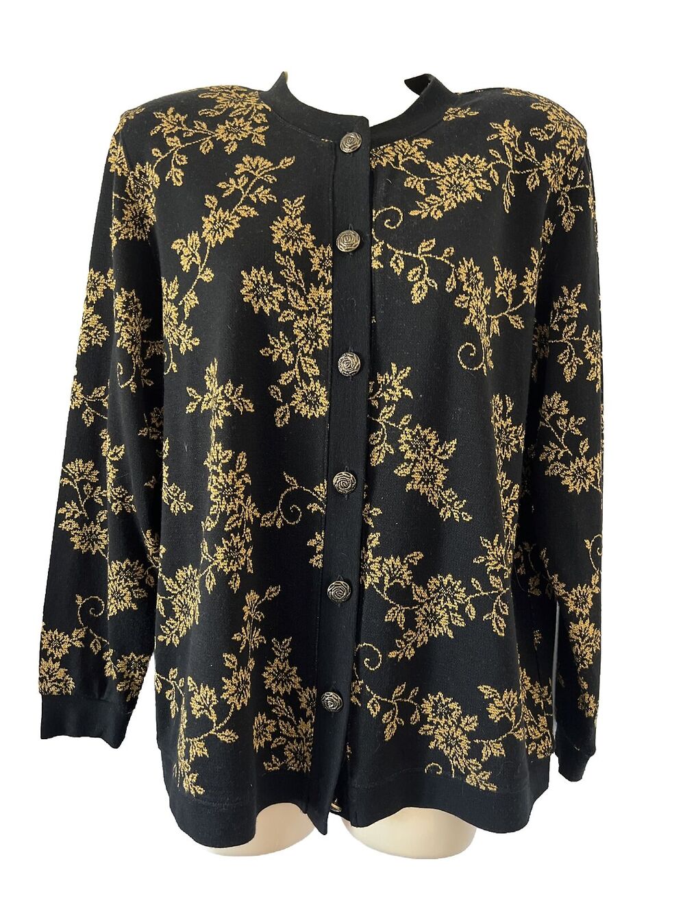 Ecco Bay Vintage Black & Gold Metallic Floral Cardigan Sweater Women’s Size M